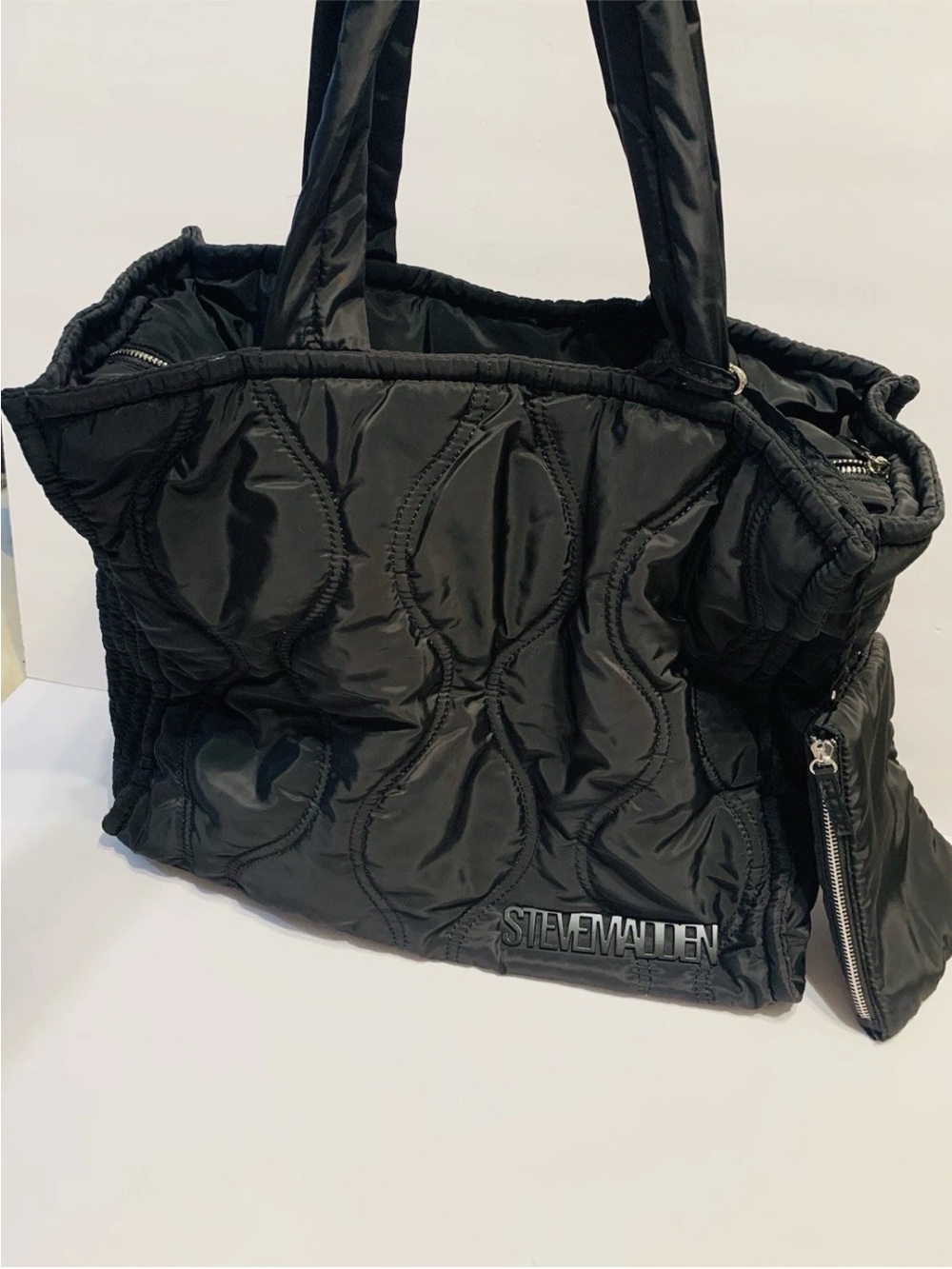 Steve Madden Black Quilted Tote Bag Overnight with Pouch